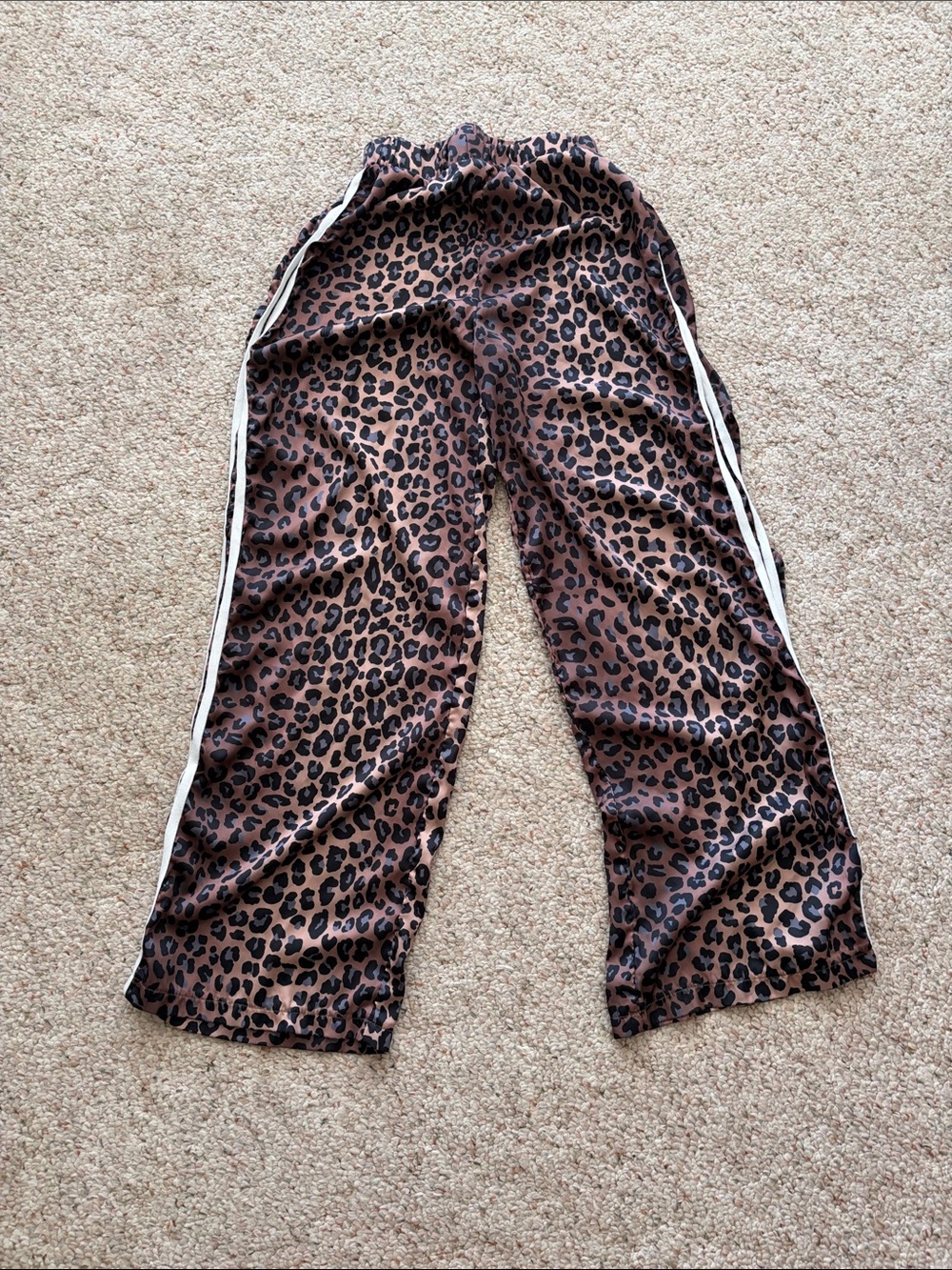 Leopard Print Wide-Leg Track Pants with White Side Stripes - Brown